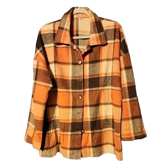 Womens  Long Sleeve Plaid Browns Shaket Jacket Button Down Oversized Sz XL - Picture 1 of 9